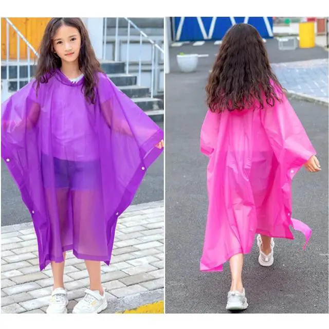 Alt view image 6 of 7 - Kids Rain Poncho 2 Pack, Reusable EVA Rain Coats for Kids Emergency Child Ponchos Jacket with Hood for 6-14 Girls Boys (Pink+Purple)