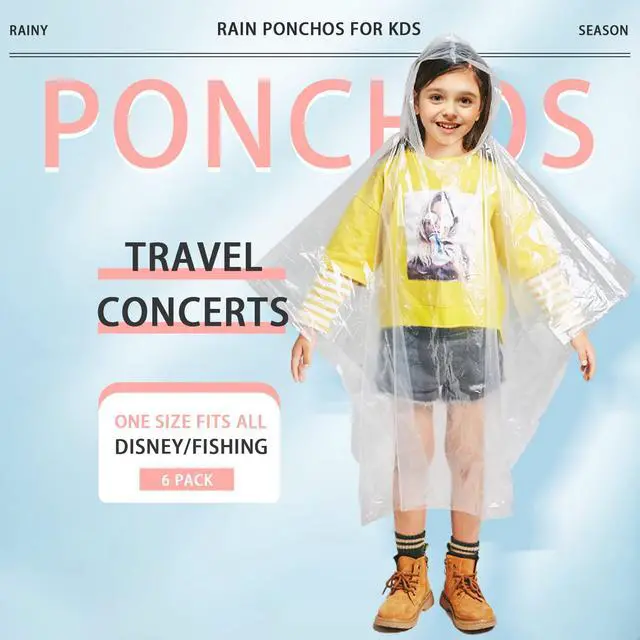 Alt view image 3 of 7 - Disposable Rain Ponchos for Kids 6 Pack Extra Thick | Clear PE Material, Lightweight & Waterproof Emergency Ponchos for Theme Parks, Travel, Camping & Outdoor Activities