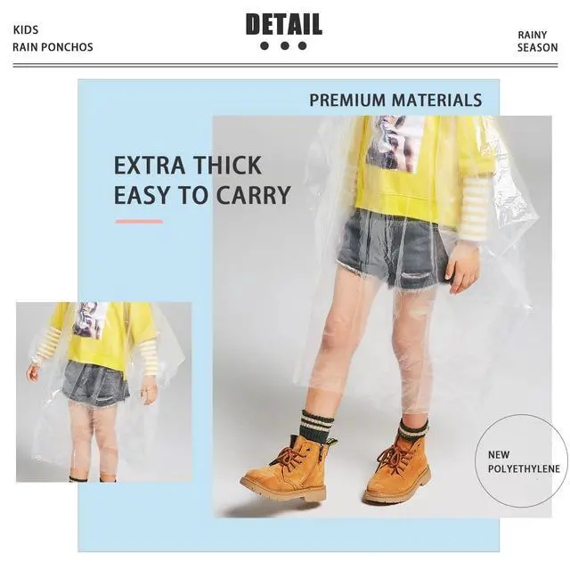 Alt view image 4 of 7 - Disposable Rain Ponchos for Kids 6 Pack Extra Thick | Clear PE Material, Lightweight & Waterproof Emergency Ponchos for Theme Parks, Travel, Camping & Outdoor Activities