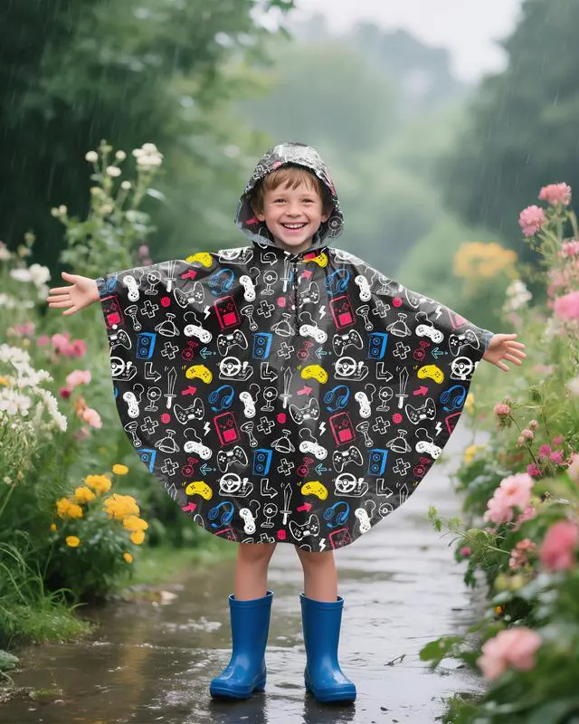 Alt view image 2 of 7 - Kids Rain Poncho with Hooded Reusable Waterproof Lightweight Ponchos Kids Boy Girl Raincoat Outwear