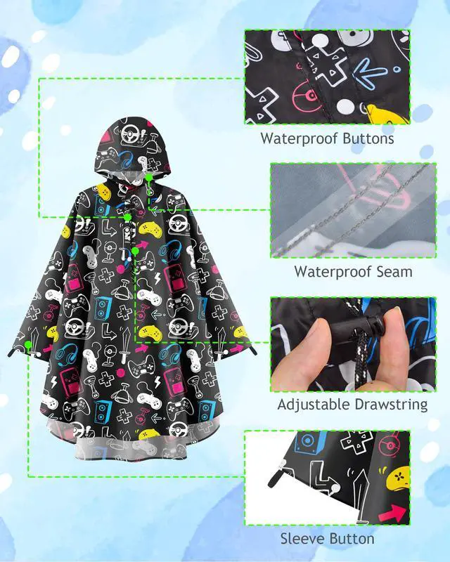 Alt view image 3 of 7 - Kids Rain Poncho with Hooded Reusable Waterproof Lightweight Ponchos Kids Boy Girl Raincoat Outwear