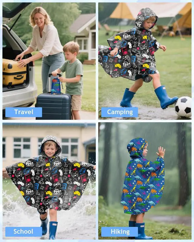 Alt view image 6 of 7 - Kids Rain Poncho with Hooded Reusable Waterproof Lightweight Ponchos Kids Boy Girl Raincoat Outwear