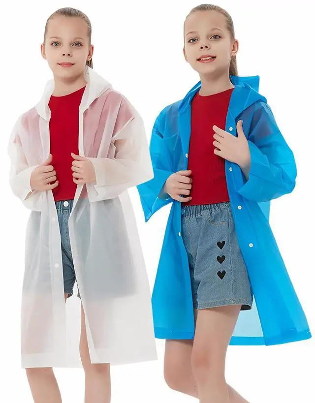 Main image of Rain Ponchos Raincoats for Kids, Reusable Boys Girls Rain Jackets Emergency with Hood for Family Disney Travel Outdoor (White+Blue)