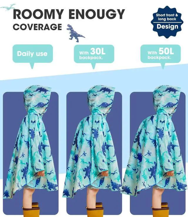 Alt view image 3 of 6 - Lightweight Boys&Girls Rain Poncho Waterproof Toddler Raincoat Reusable Kids Portable Dinosaur Rain Slicker Outwear with Pouch Youth Rainbow Rain Jacket with Hood for School Travel Camping