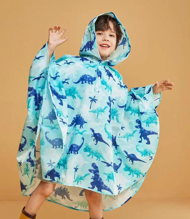 Alt view image 2 of 6 - Lightweight Boys&Girls Rain Poncho Waterproof Toddler Raincoat Reusable Kids Portable Dinosaur Rain Slicker Outwear with Pouch Youth Rainbow Rain Jacket with Hood for School Travel Camping