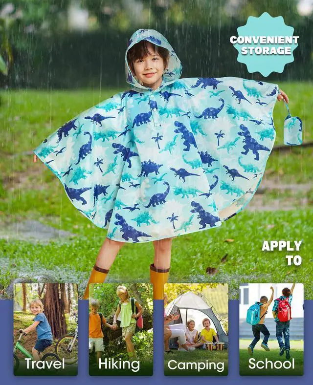 Alt view image 4 of 6 - Lightweight Boys&Girls Rain Poncho Waterproof Toddler Raincoat Reusable Kids Portable Dinosaur Rain Slicker Outwear with Pouch Youth Rainbow Rain Jacket with Hood for School Travel Camping