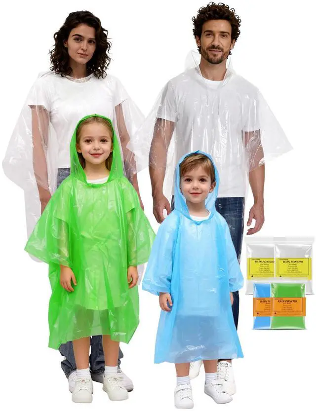 Main image of Rain Ponchos for Adults, Kids & Family - 4, 8, 9 & 16 Pack Options - Extra Thick, Tear-Resistant with Hood (2 Adults+2 Kids)