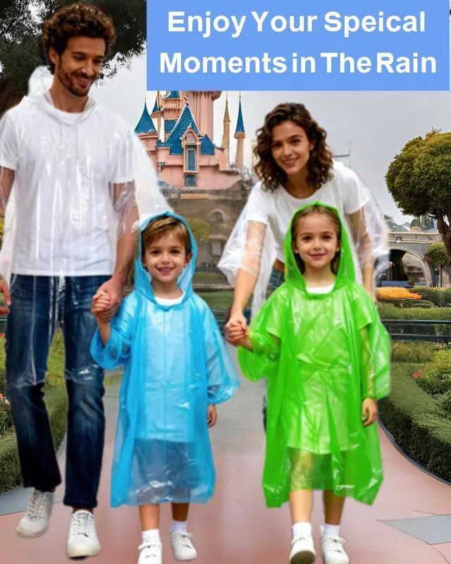 Alt view image 2 of 7 - Rain Ponchos for Adults, Kids & Family - 4, 8, 9 & 16 Pack Options - Extra Thick, Tear-Resistant with Hood (2 Adults+2 Kids)
