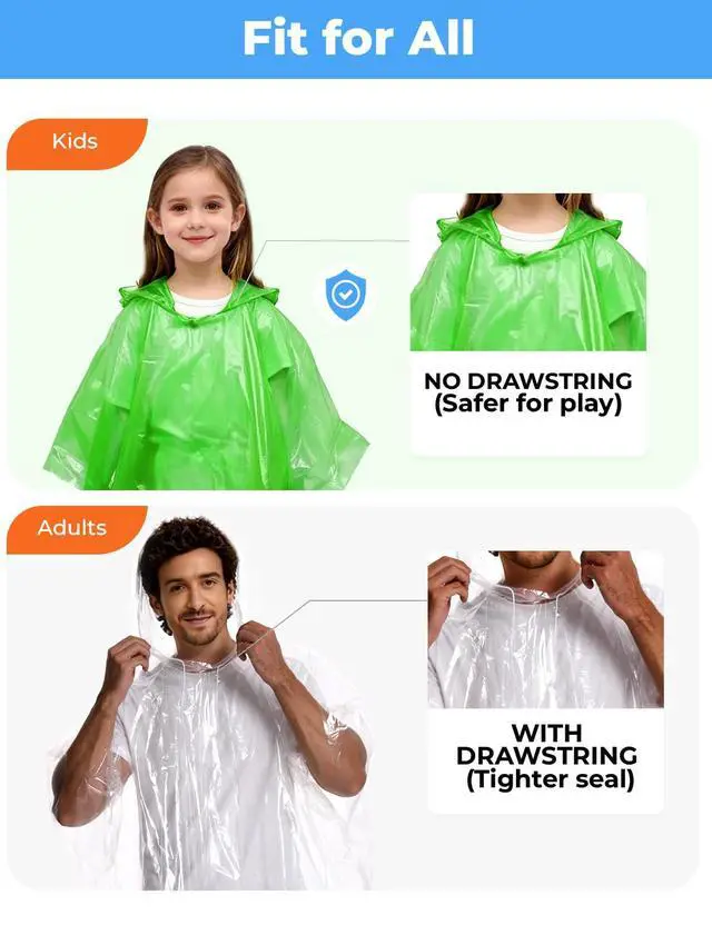 Alt view image 3 of 7 - Rain Ponchos for Adults, Kids & Family - 4, 8, 9 & 16 Pack Options - Extra Thick, Tear-Resistant with Hood (2 Adults+2 Kids)