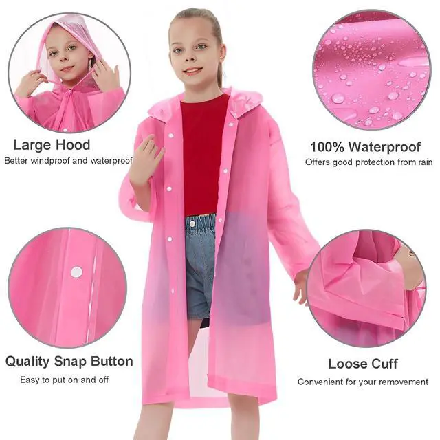 Alt view image 3 of 7 - Rain Ponchos Raincoats for Kids, Reusable Boys Girls Rain Jackets Emergency with Hood for Family Disney Travel Outdoor (Pink+Blue)