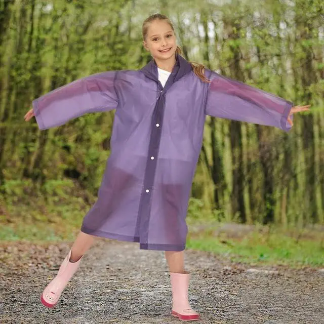 Alt view image 2 of 7 - 2 Pack Raincoats for Kids, Reusable Rain Ponchos with Hood and Sleeves Children Waterproof Rain Coats for Boys and Girls, Purple and Blue | Reusable Rain Poncho with Hood, Long Sleeves