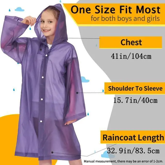 Alt view image 4 of 7 - 2 Pack Raincoats for Kids, Reusable Rain Ponchos with Hood and Sleeves Children Waterproof Rain Coats for Boys and Girls, Purple and Blue | Reusable Rain Poncho with Hood, Long Sleeves