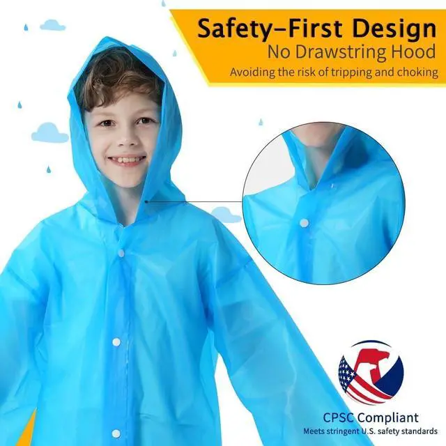 Alt view image 5 of 7 - 2 Pack Raincoats for Kids, Reusable Rain Ponchos with Hood and Sleeves Children Waterproof Rain Coats for Boys and Girls, Purple and Blue | Reusable Rain Poncho with Hood, Long Sleeves