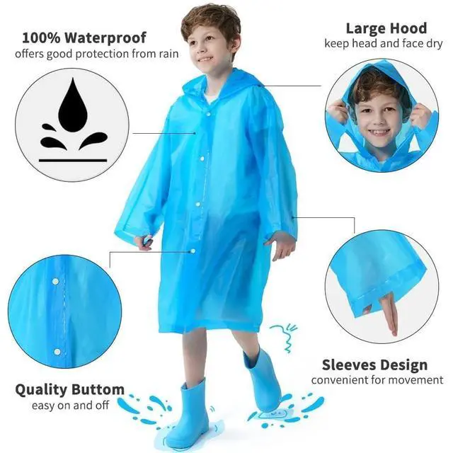 Alt view image 6 of 7 - 2 Pack Raincoats for Kids, Reusable Rain Ponchos with Hood and Sleeves Children Waterproof Rain Coats for Boys and Girls, Purple and Blue | Reusable Rain Poncho with Hood, Long Sleeves