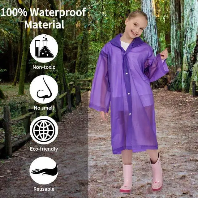 Alt view image 7 of 7 - 2 Pack Raincoats for Kids, Reusable Rain Ponchos with Hood and Sleeves Children Waterproof Rain Coats for Boys and Girls, Purple and Blue | Reusable Rain Poncho with Hood, Long Sleeves