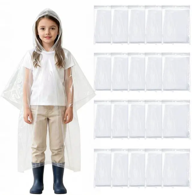Main image of 20 Pack Kids Rain Poncho, Disposable Rain Ponchos with Hood, Waterproof Raincoat for Children, Boys, Girls, Clear Kids Rain Jacket, Bulk Emergency Rain Cover for Outdoor, Travel, Camping
