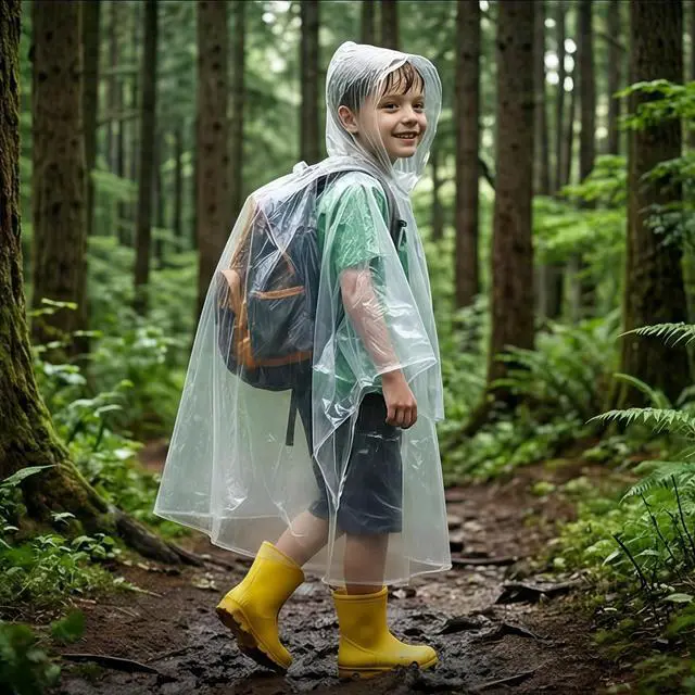 Alt view image 3 of 7 - 20 Pack Kids Rain Poncho, Disposable Rain Ponchos with Hood, Waterproof Raincoat for Children, Boys, Girls, Clear Kids Rain Jacket, Bulk Emergency Rain Cover for Outdoor, Travel, Camping