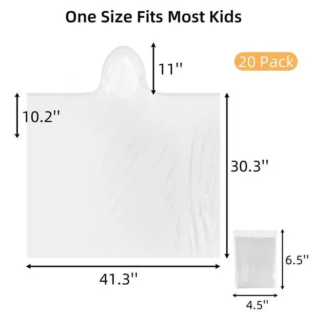 Alt view image 4 of 7 - 20 Pack Kids Rain Poncho, Disposable Rain Ponchos with Hood, Waterproof Raincoat for Children, Boys, Girls, Clear Kids Rain Jacket, Bulk Emergency Rain Cover for Outdoor, Travel, Camping