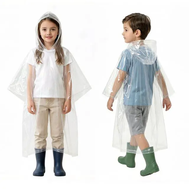 Alt view image 2 of 7 - 20 Pack Kids Rain Poncho, Disposable Rain Ponchos with Hood, Waterproof Raincoat for Children, Boys, Girls, Clear Kids Rain Jacket, Bulk Emergency Rain Cover for Outdoor, Travel, Camping