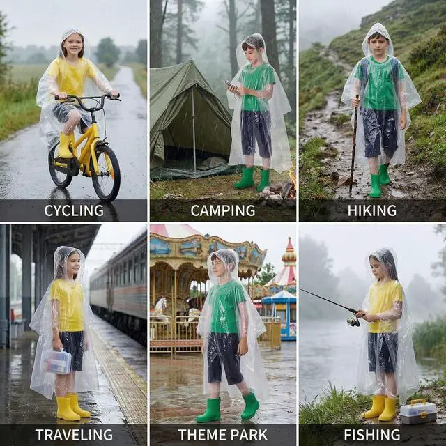 Alt view image 6 of 7 - 20 Pack Kids Rain Poncho, Disposable Rain Ponchos with Hood, Waterproof Raincoat for Children, Boys, Girls, Clear Kids Rain Jacket, Bulk Emergency Rain Cover for Outdoor, Travel, Camping