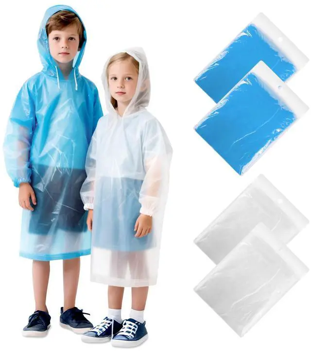 Main image of 4 Pack Disposable Rain Ponchos for Kids - Emergency Kids Ponchos with Hood, Kid Rain Poncho for Outdoor, Theme Park Essentials, Hiking