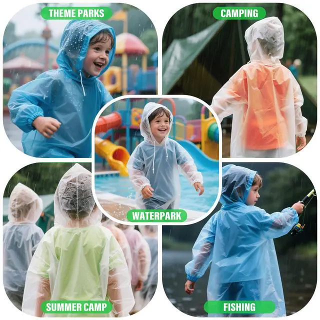 Alt view image 7 of 7 - 4 Pack Disposable Rain Ponchos for Kids - Emergency Kids Ponchos with Hood, Kid Rain Poncho for Outdoor, Theme Park Essentials, Hiking