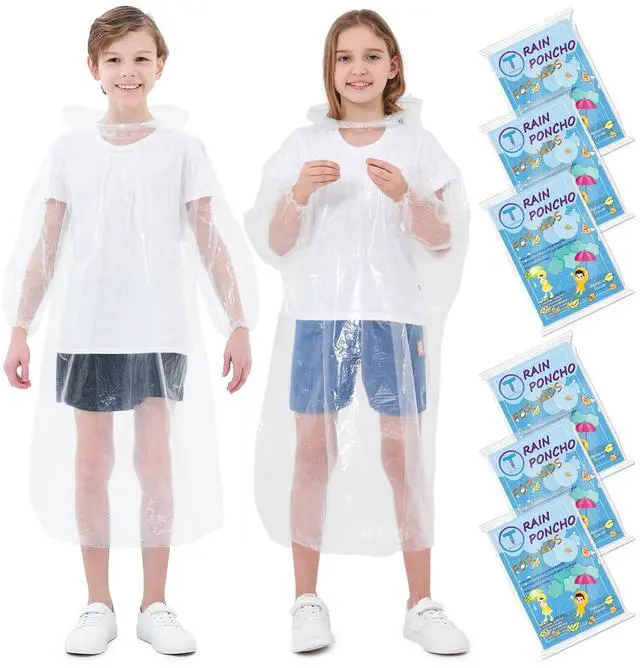 Main image of Disposable Rain Ponchos for Kids 6 Pack Extra Thick | Clear PE Material, Long Sleeves with Elastic Cuffs, Lightweight & Waterproof Emergency Poncho for Theme Parks, Travel