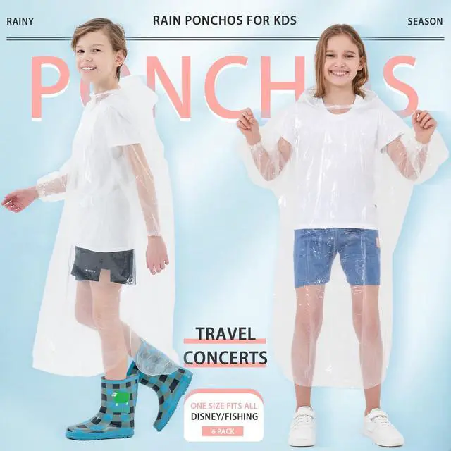 Alt view image 2 of 7 - Disposable Rain Ponchos for Kids 6 Pack Extra Thick | Clear PE Material, Long Sleeves with Elastic Cuffs, Lightweight & Waterproof Emergency Poncho for Theme Parks, Travel