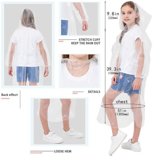 Alt view image 3 of 7 - Disposable Rain Ponchos for Kids 6 Pack Extra Thick | Clear PE Material, Long Sleeves with Elastic Cuffs, Lightweight & Waterproof Emergency Poncho for Theme Parks, Travel