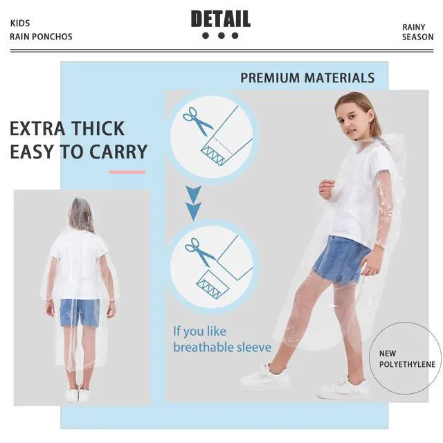 Alt view image 5 of 7 - Disposable Rain Ponchos for Adults & Kids Family 6 Pack Extra Thick | Clear PE Material, Long Sleeves with Elastic Cuffs, Lightweight & Waterproof Emergency Poncho for Theme Parks, Travel