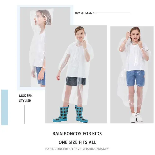 Alt view image 7 of 7 - Disposable Rain Ponchos for Kids 6 Pack Extra Thick | Clear PE Material, Long Sleeves with Elastic Cuffs, Lightweight & Waterproof Emergency Poncho for Theme Parks, Travel