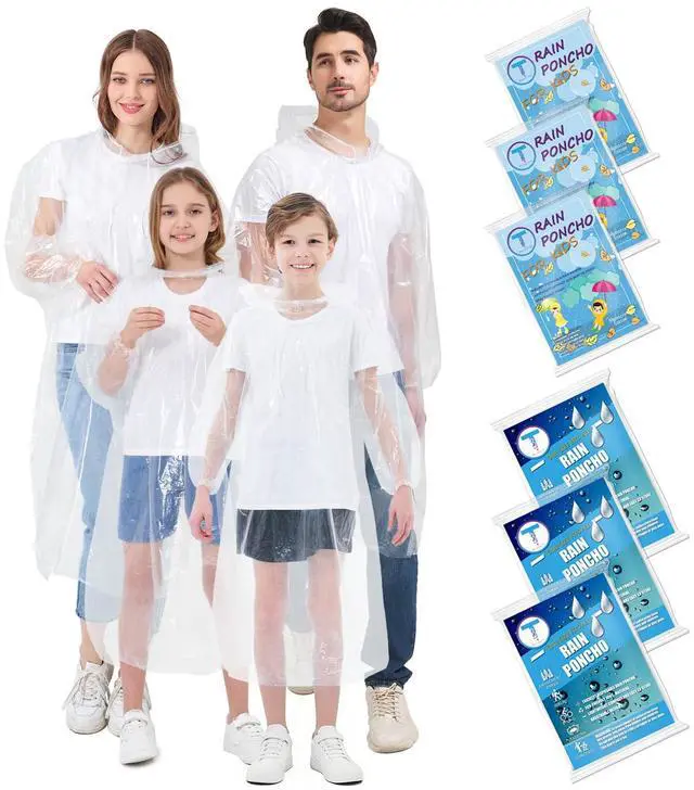 Main image of Disposable Rain Ponchos for Adults & Kids Family 6 Pack Extra Thick | Clear PE Material, Long Sleeves with Elastic Cuffs, Lightweight & Waterproof Emergency Poncho for Theme Parks, Travel