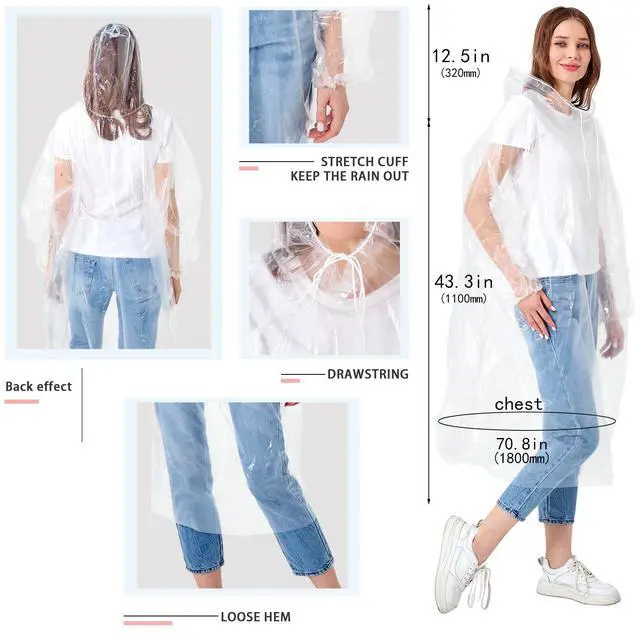 Alt view image 2 of 7 - Disposable Rain Ponchos for Adults & Kids Family 6 Pack Extra Thick | Clear PE Material, Long Sleeves with Elastic Cuffs, Lightweight & Waterproof Emergency Poncho for Theme Parks, Travel
