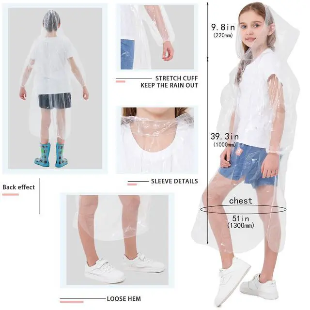 Alt view image 7 of 7 - Disposable Rain Ponchos for Adults & Kids Family 6 Pack Extra Thick | Clear PE Material, Long Sleeves with Elastic Cuffs, Lightweight & Waterproof Emergency Poncho for Theme Parks, Travel