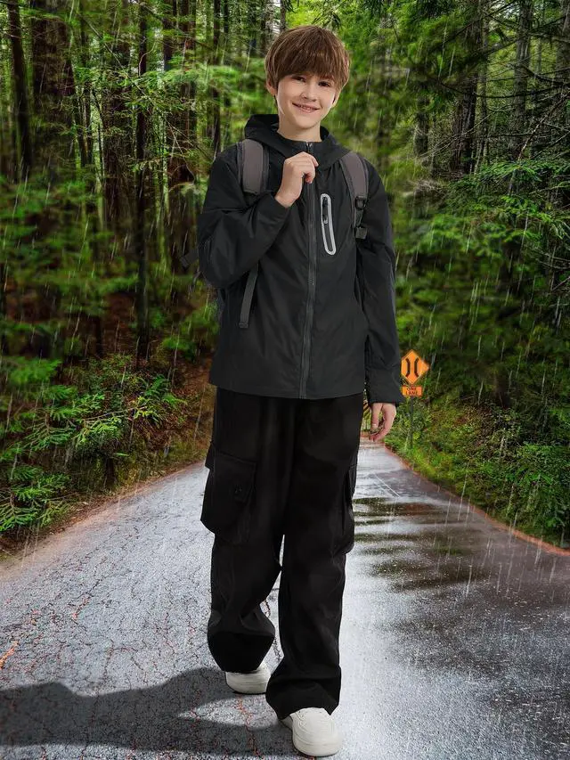 Alt view image 3 of 6 - Boys Girls Rain Jacket Kids Waterproof Raincoats Black 10-12 Years | Hooded Lightweight Windbreakers with Zipper Pockets Cycling Camping Running School Lightweight Size 10-12