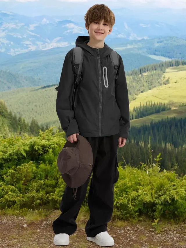 Alt view image 4 of 6 - Boys Girls Rain Jacket Kids Waterproof Raincoats Black 10-12 Years | Hooded Lightweight Windbreakers with Zipper Pockets Cycling Camping Running School Lightweight Size 10-12