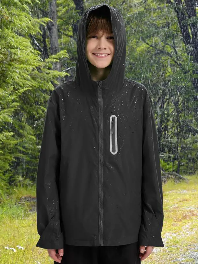 Alt view image 6 of 6 - Boys Girls Rain Jacket Kids Waterproof Raincoats Black 10-12 Years | Hooded Lightweight Windbreakers with Zipper Pockets Cycling Camping Running School Lightweight Size 10-12