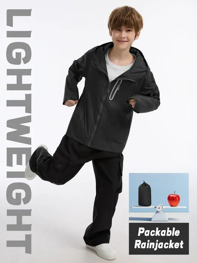 Alt view image 5 of 6 - Boys Girls Rain Jacket Kids Waterproof Raincoats Black 10-12 Years | Hooded Lightweight Windbreakers with Zipper Pockets Cycling Camping Running School Lightweight Size 10-12