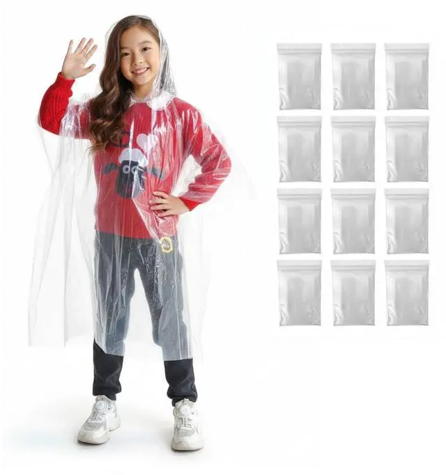 Main image of Disposable Rain Poncho for Kids/Family (12 Pack), Clear | Waterproof for Camp, Cape-Style with Hood, Lightweight PE, Emergency Kits for School Trips, Theme Parks, Festivals