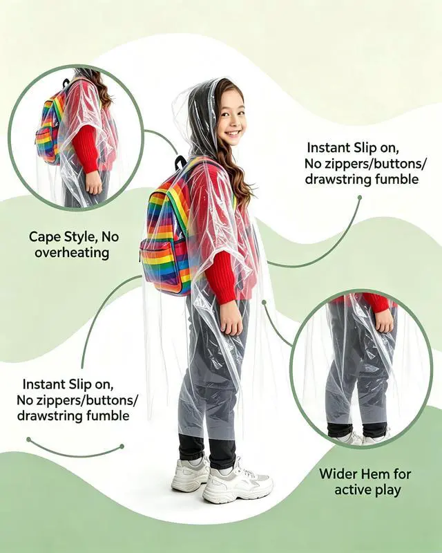 Alt view image 3 of 7 - Disposable Rain Poncho for Kids/Family (12 Pack), Clear | Waterproof for Camp, Cape-Style with Hood, Lightweight PE, Emergency Kits for School Trips, Theme Parks, Festivals