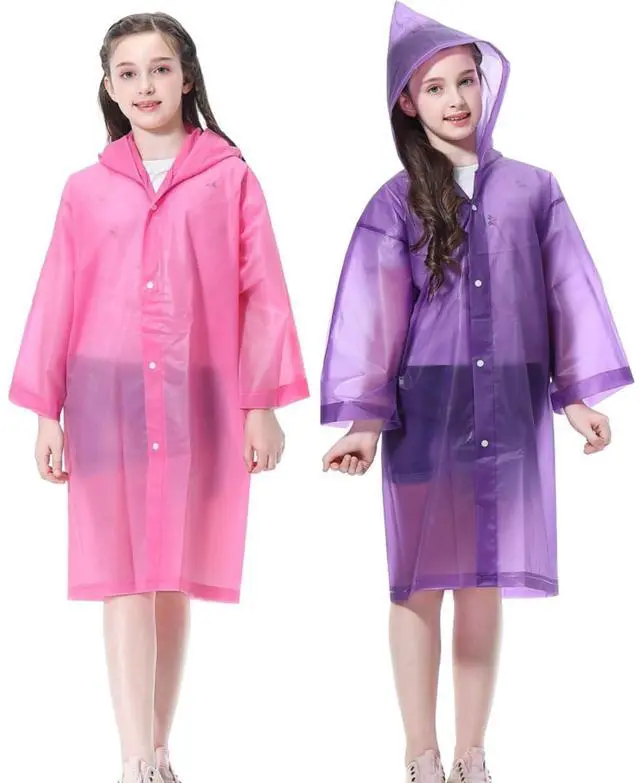 Main image of Kids Rain Poncho (2 Pack), Reusable EVA Children Raincoat for 6-13 Girls Boys, Waterproof Long Rain Jackets with Hood (Pink+Purple)