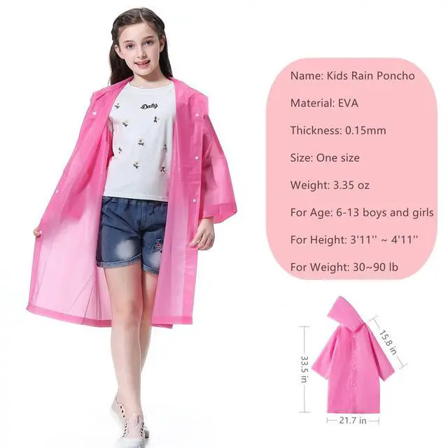 Alt view image 3 of 7 - Kids Rain Poncho (2 Pack), Reusable EVA Children Raincoat for 6-13 Girls Boys, Waterproof Long Rain Jackets with Hood (Pink+Purple)