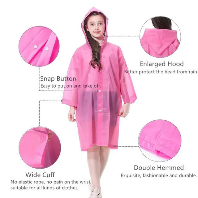 Alt view image 5 of 7 - Kids Rain Poncho (2 Pack), Reusable EVA Children Raincoat for 6-13 Girls Boys, Waterproof Long Rain Jackets with Hood (Pink+Purple)