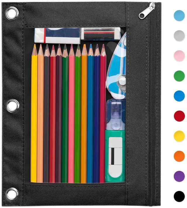 Main image of Pencil Pouch for 3 Ring Binder, Large Pencil Case Pouch Binder | Zipper Pencil Pouch Pencil Bag with 3 Reinforced Grommets, Pen Bag, Clear Window Pencil Case, Binder Pencil Pouch Box, Black