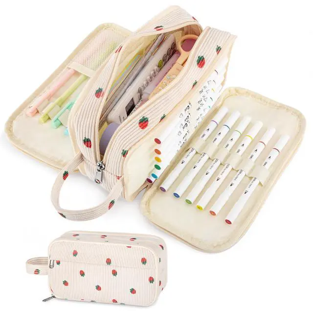 Main image of Cute Big Pencil Case Pouch Bag Strawberry for Teen Girls Boy Gift | Large Capacity 4 Compartment Multiple Pockets Corduroy Aesthetic Pen Bag Pouch Organizer for School College Art Supplies