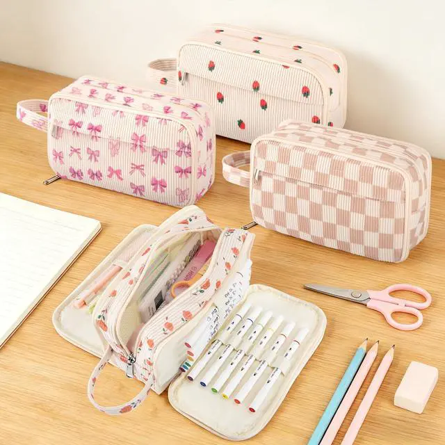 Alt view image 4 of 7 - Cute Big Pencil Case Pouch Bag Strawberry for Teen Girls Boy Gift | Large Capacity 4 Compartment Multiple Pockets Corduroy Aesthetic Pen Bag Pouch Organizer for School College Art Supplies