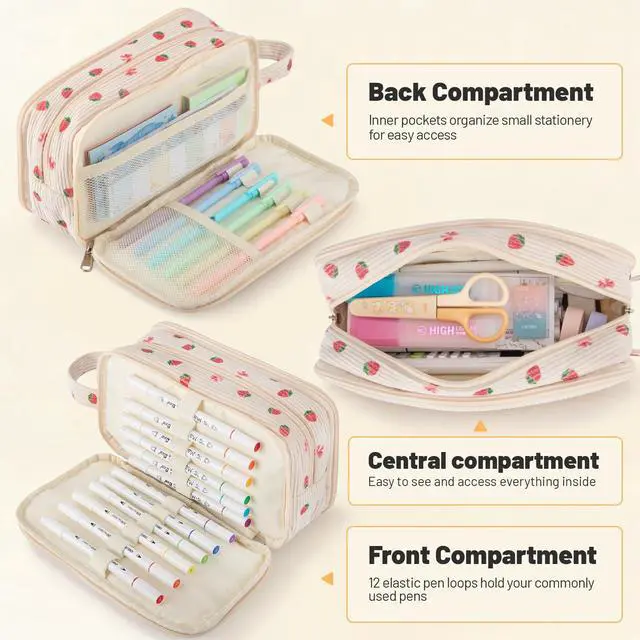 Alt view image 5 of 7 - Cute Big Pencil Case Pouch Bag Strawberry for Teen Girls Boy Gift | Large Capacity 4 Compartment Multiple Pockets Corduroy Aesthetic Pen Bag Pouch Organizer for School College Art Supplies