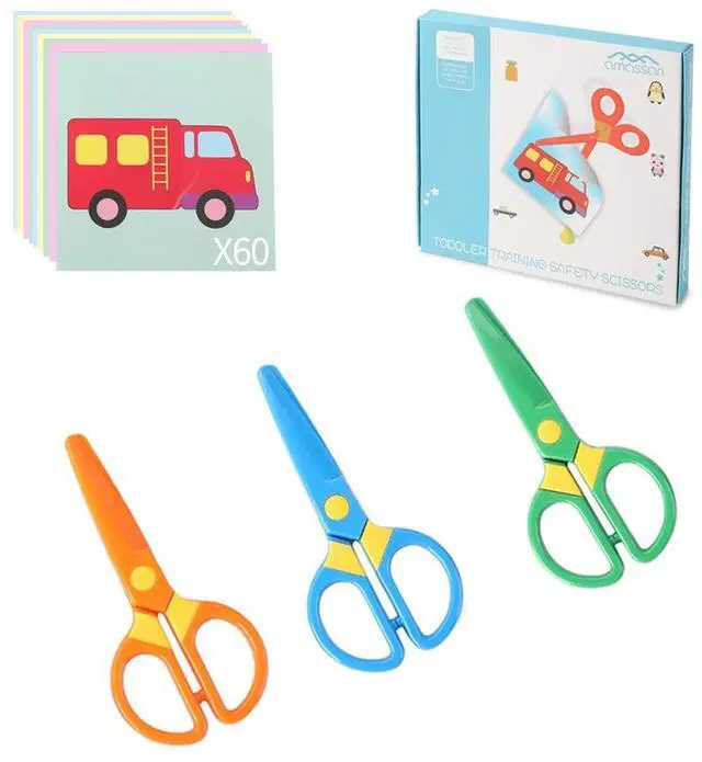Main image of Toddler Safety Scissors, 3-Pack with 60 Craft Paper Sheets for Kids | Blunt Tip, Plastic Kids Scissors, Ergonomic Grips, Preschool Training, Left and Right Handed, Ages 2-5