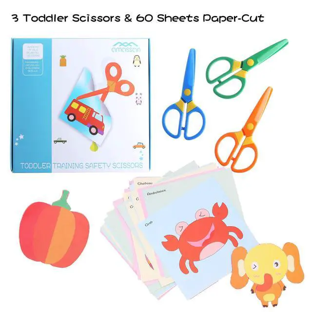 Alt view image 2 of 6 - Toddler Safety Scissors, 3-Pack with 60 Craft Paper Sheets for Kids | Blunt Tip, Plastic Kids Scissors, Ergonomic Grips, Preschool Training, Left and Right Handed, Ages 2-5