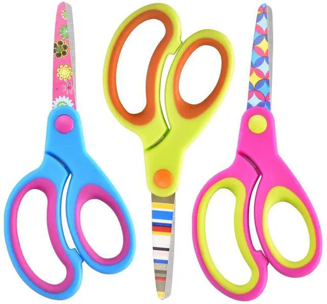 Main image of Kids Scissors Set, Safety Children Scissors with Blunt-Tip Floral Print Blade and Soft Grip, Great for DIY, Arts, Home, School Classroom Use, Blue/Purple/Yellow